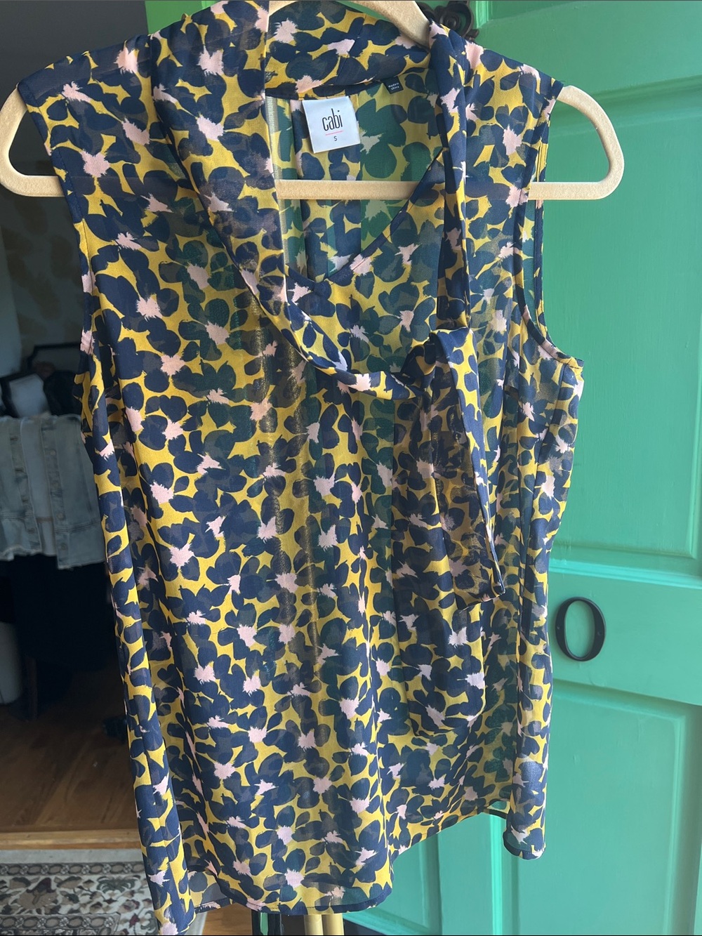 CAbi Mustard, Navy & Blush Floral-Print Tie Neck Blouse small